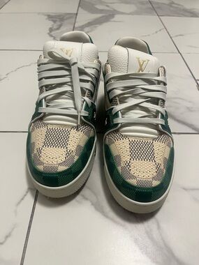 Louis Vuitton Cream & Green Damier Low-Top Sneakers with Gold LV Accent